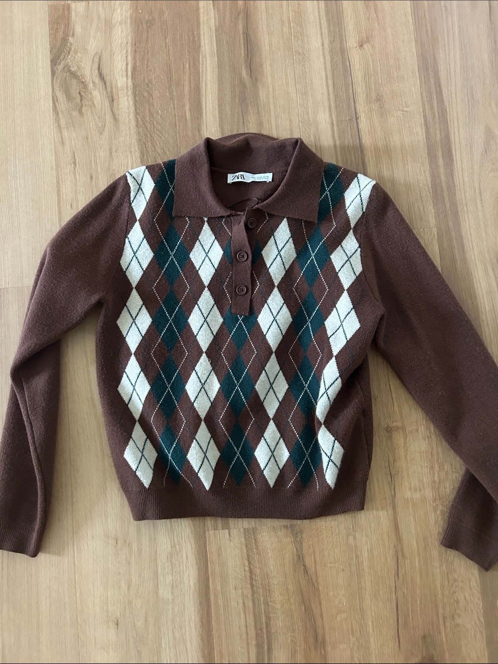 Zara Brown and Cream Argyle V-Neck Polo Sweater